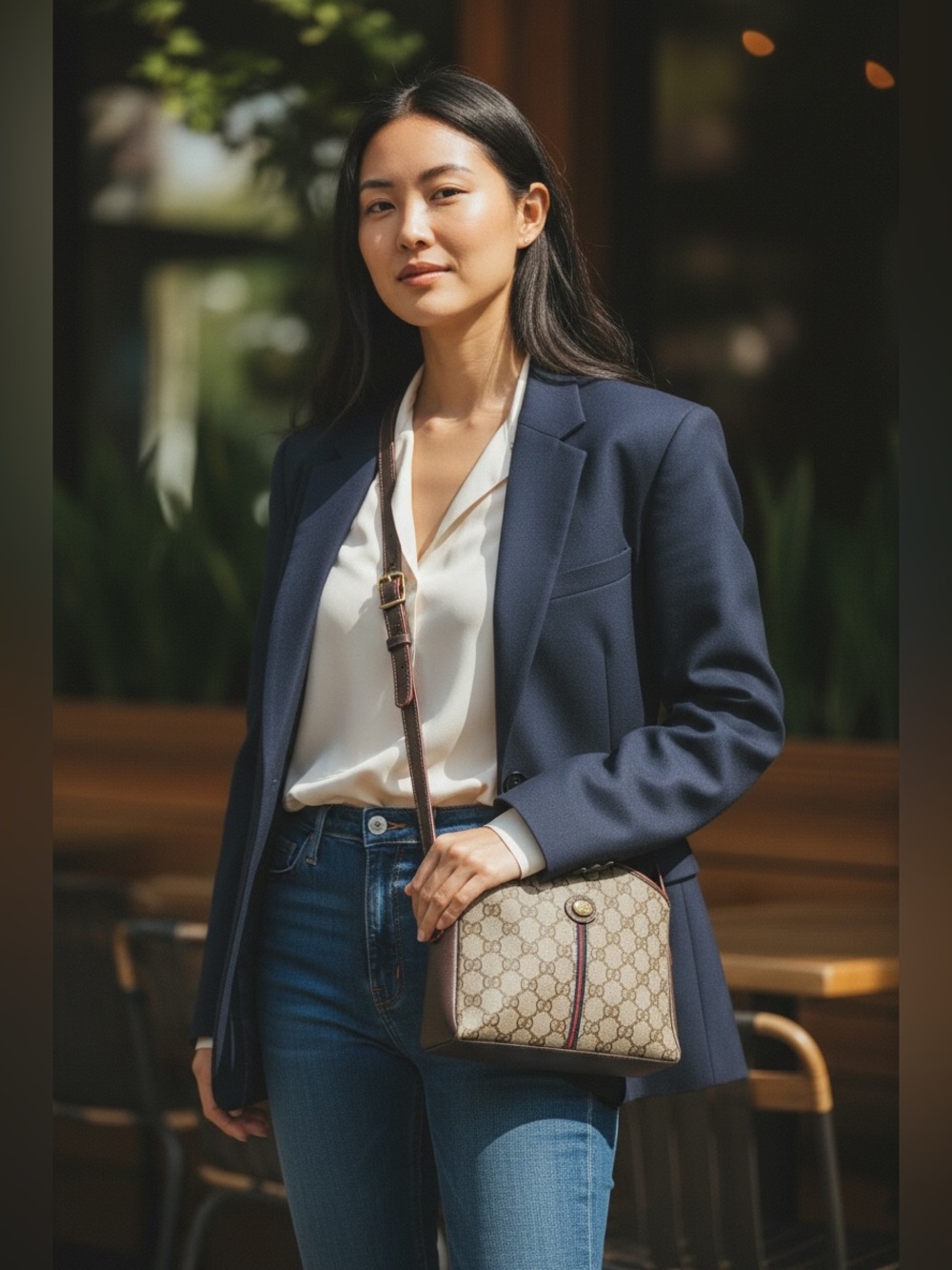 Gucci Monogram Crossbody Bag in Beige with Red Trim